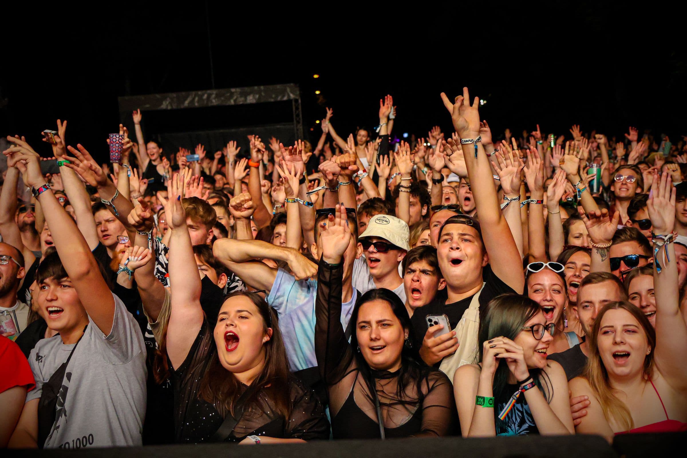 Crowd with raised arms cheering at an outdoor concert at night